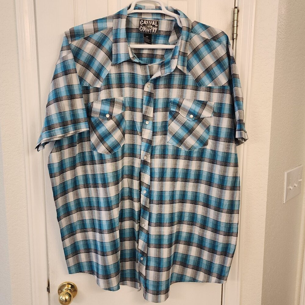 Casual Country Outfitters Turquoise / Black / White Western Plaid Shirt – 4XL